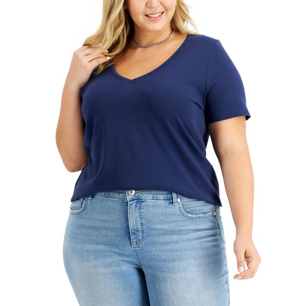 INC International Concepts Plus Size Cotton V Neck Top
